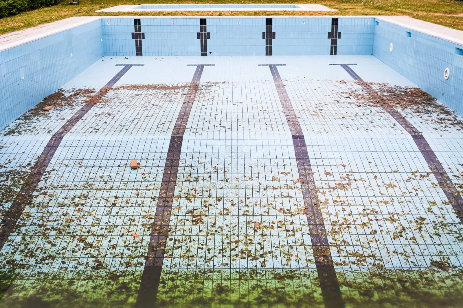 Drained pool with leaves and debris across the tiled floor, ready for a deep clean