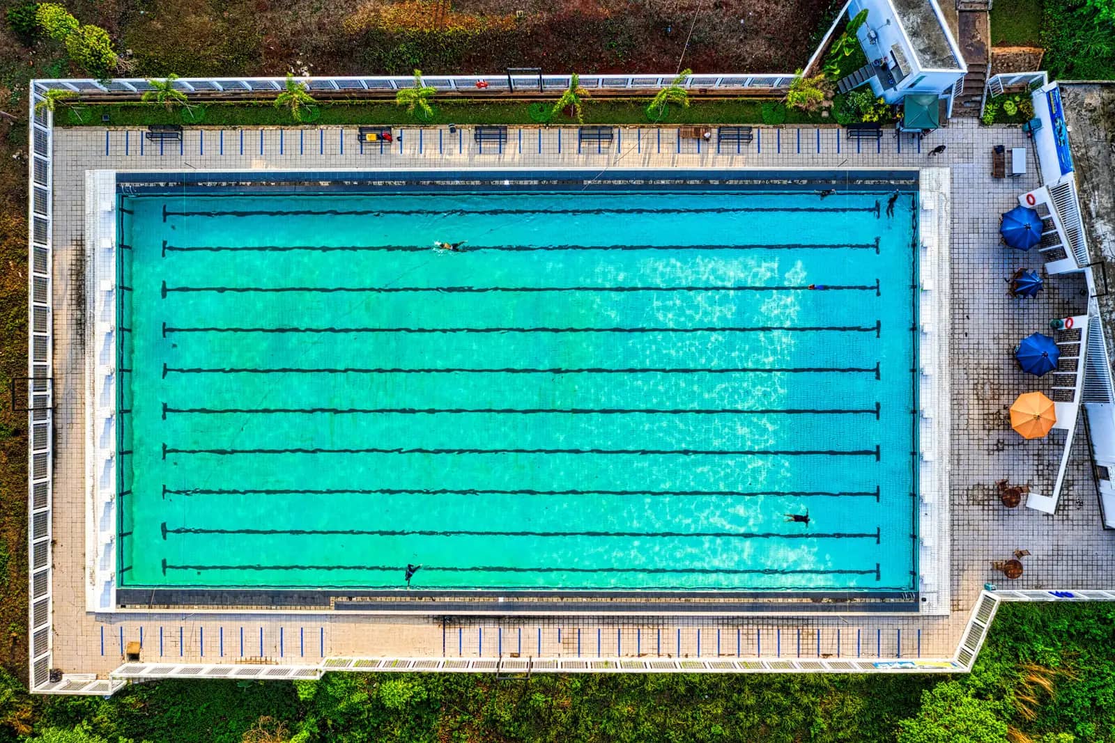 Aerial view of a rectangular pool with lane lines and a paved surround